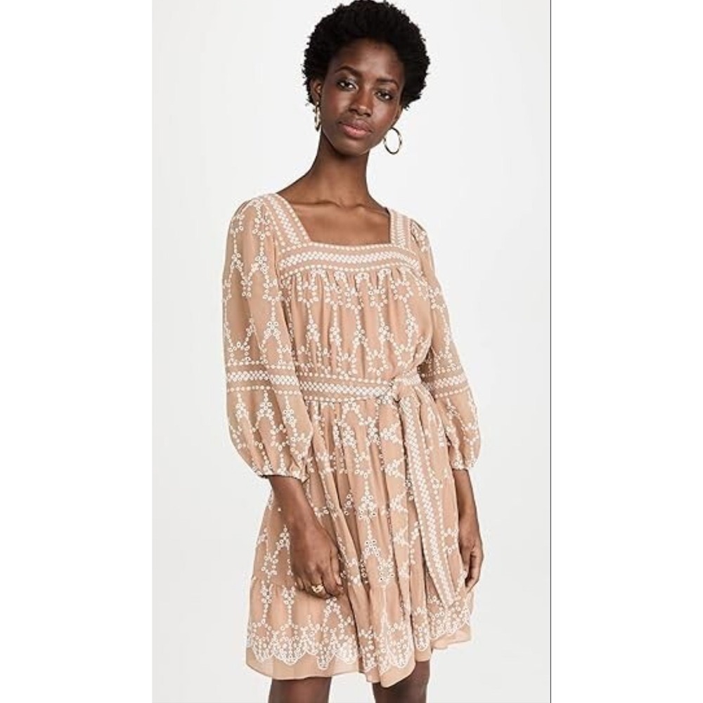 Shoshanna Torres Embroidered Square‎ Neck Tiered Midi Dress Camel Optic Size 8